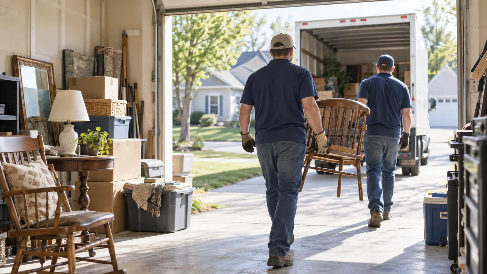 Illustrative residential removal work near a garage
